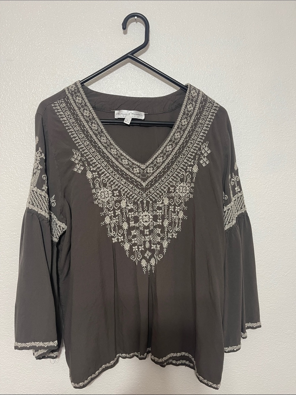 Chelsea & Theodore Charcoal Top with Cream Floral Embroidery